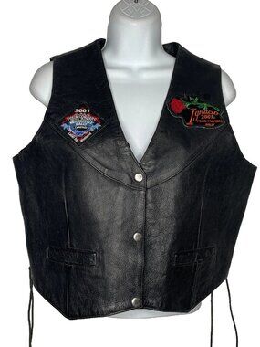 Vintage Y2K Unik Biker Vest Size L Black Pebbled Leather Side Laces Rally Patch
